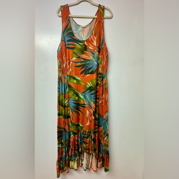 Soft Surroundings Fabiana Maxi Dress 1X Rouille Palms Hi-Low Hem Ruffle Tropical - Picture 1 of 5